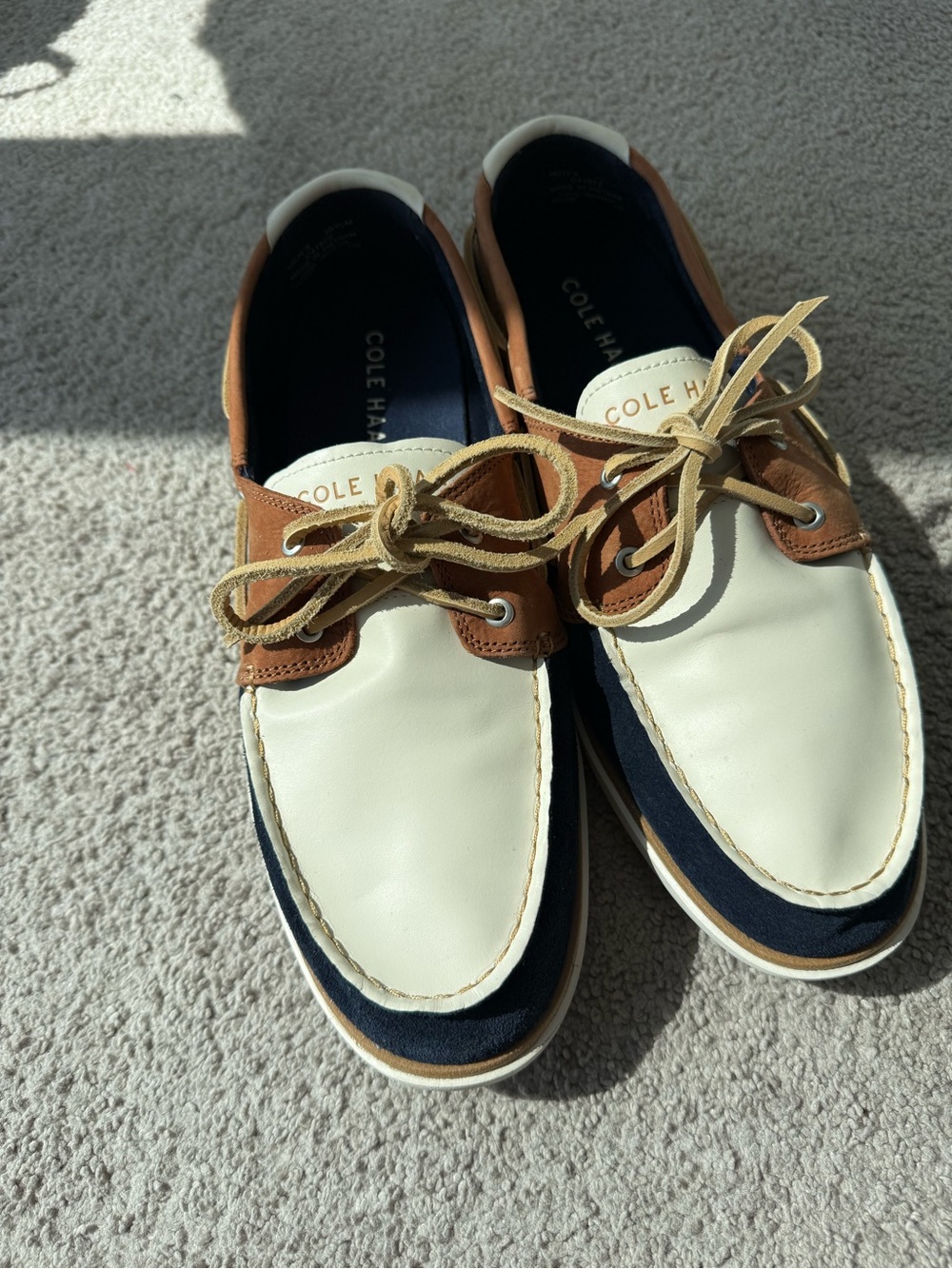 Cole Haan Men’s White, Brown & Navy Leather Boat Shoes